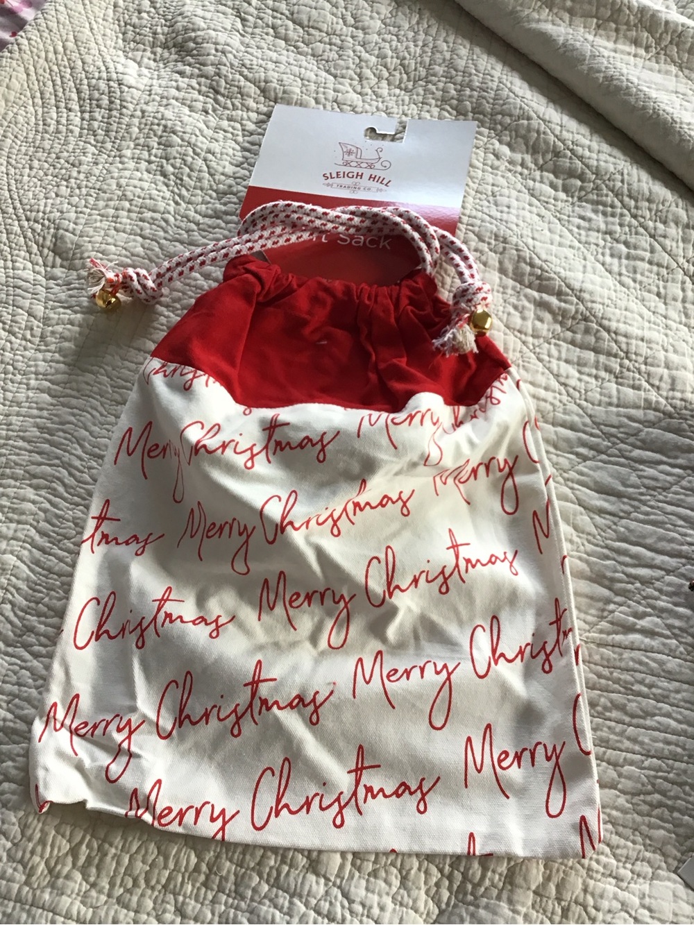 New Holiday Red & White Merry Christmas Drawstring Gift Bag